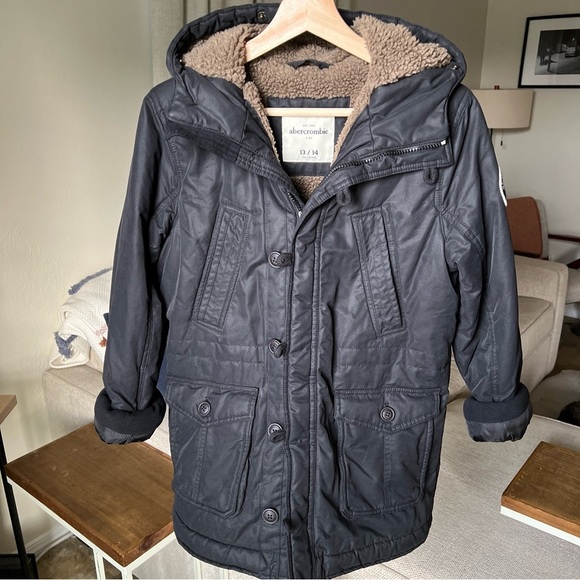 Abercrombie Kid’s Black Sherpa Lined Coat Size 13/14 - Picture 2 of 16
